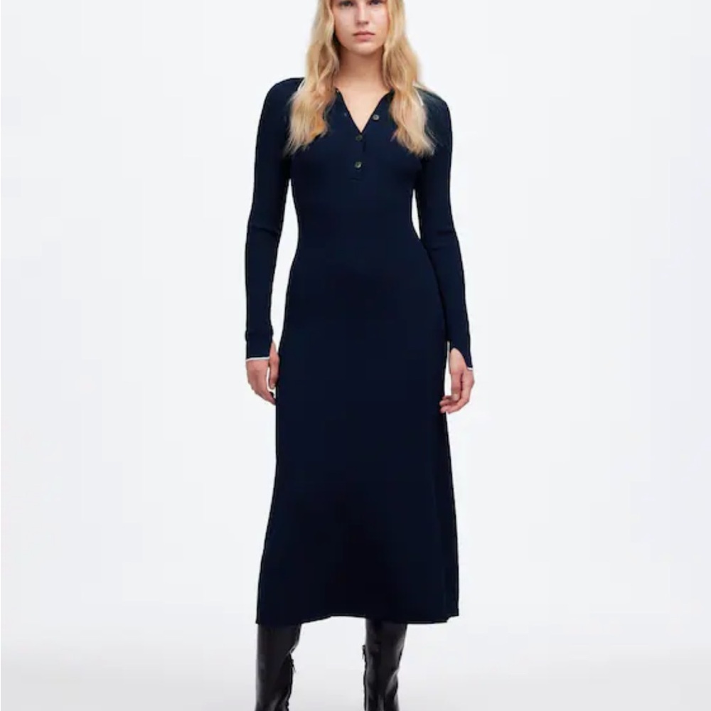 Robbed midi Navy Long Sleeve Dress